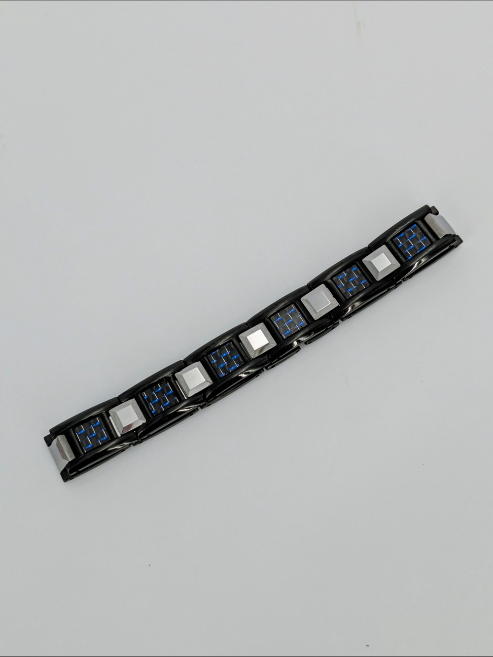 Men's Blue & Black Carbon Fiber Link Chain Bracelet, Tungsten 9"